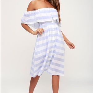 Lulus Transatlantic Voyage Blue and Ivory Striped Midi Dress